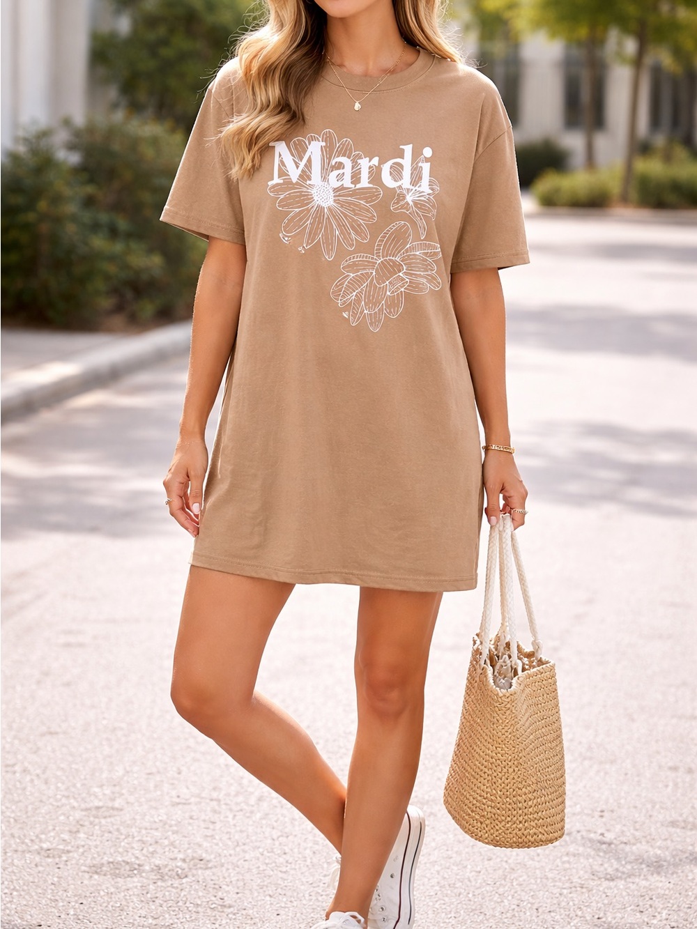 Mardi Daisy Graphic Tee Dress in Camel